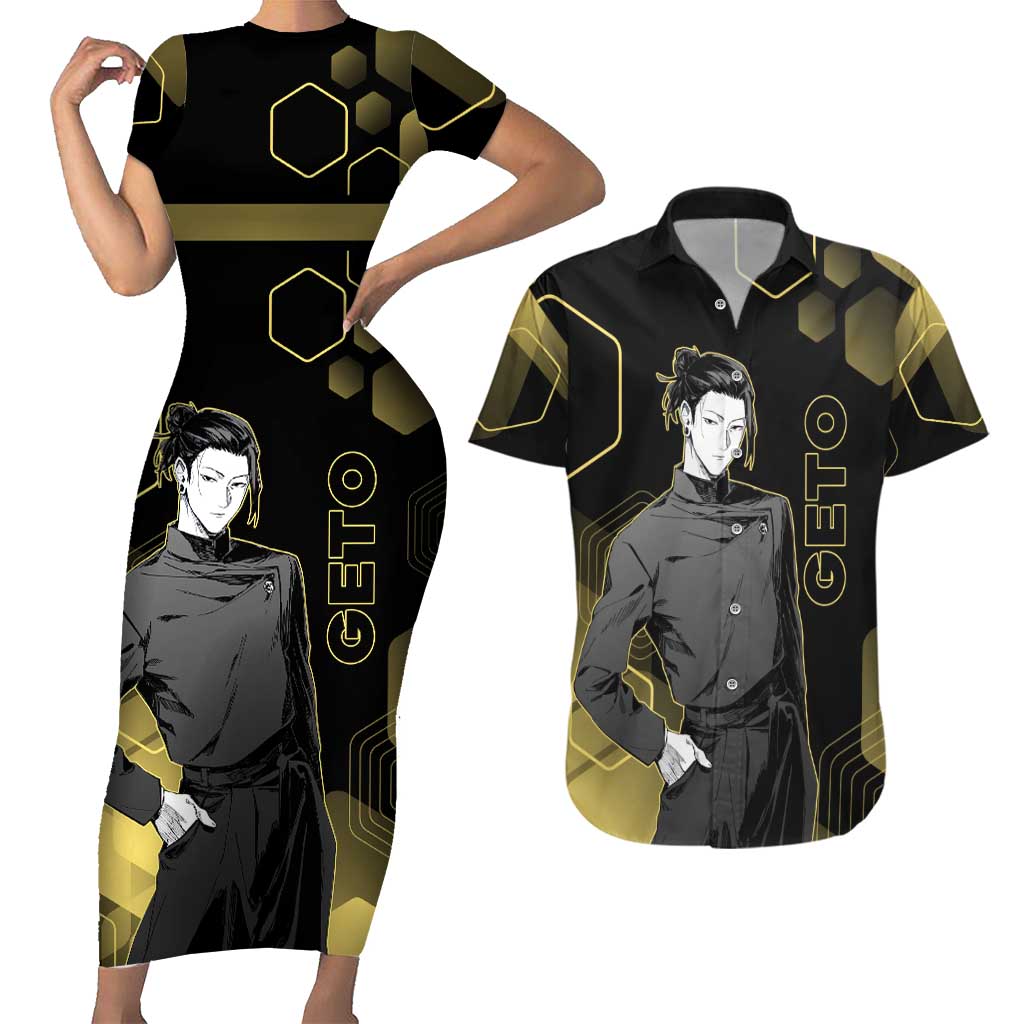 Suguru Geto Jujutsu Kaisen Gold Hexagon Design Couples Matching Short Sleeve Bodycon Dress and Hawaiian Shirt with Multiple Expressions and Manga Style Art - The Mazicc