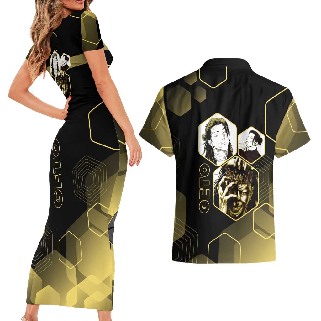Suguru Geto Jujutsu Kaisen Gold Hexagon Design Couples Matching Short Sleeve Bodycon Dress and Hawaiian Shirt with Multiple Expressions and Manga Style Art - The Mazicc