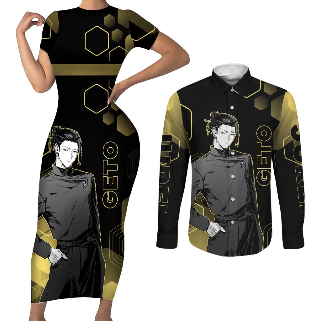 Suguru Geto Jujutsu Kaisen Gold Hexagon Design Couples Matching Short Sleeve Bodycon Dress and Long Sleeve Button Shirt with Multiple Expressions and Manga Style Art - The Mazicc