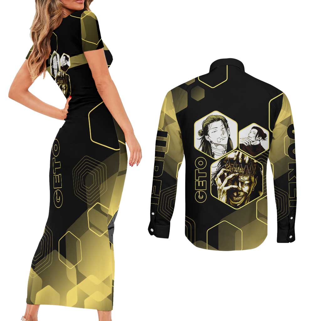 Suguru Geto Jujutsu Kaisen Gold Hexagon Design Couples Matching Short Sleeve Bodycon Dress and Long Sleeve Button Shirt with Multiple Expressions and Manga Style Art - The Mazicc