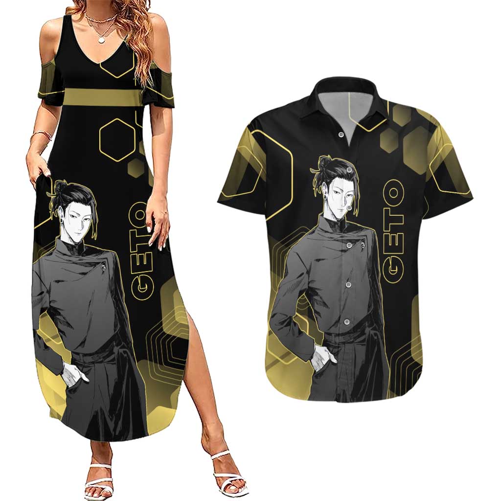 Suguru Geto Jujutsu Kaisen Gold Hexagon Design Couples Matching Summer Maxi Dress and Hawaiian Shirt with Multiple Expressions and Manga Style Art - The Mazicc