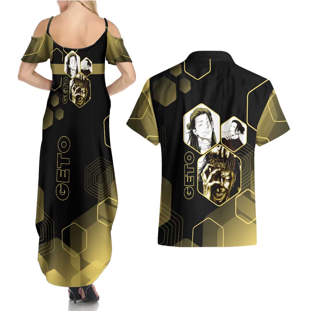 Suguru Geto Jujutsu Kaisen Gold Hexagon Design Couples Matching Summer Maxi Dress and Hawaiian Shirt with Multiple Expressions and Manga Style Art - The Mazicc