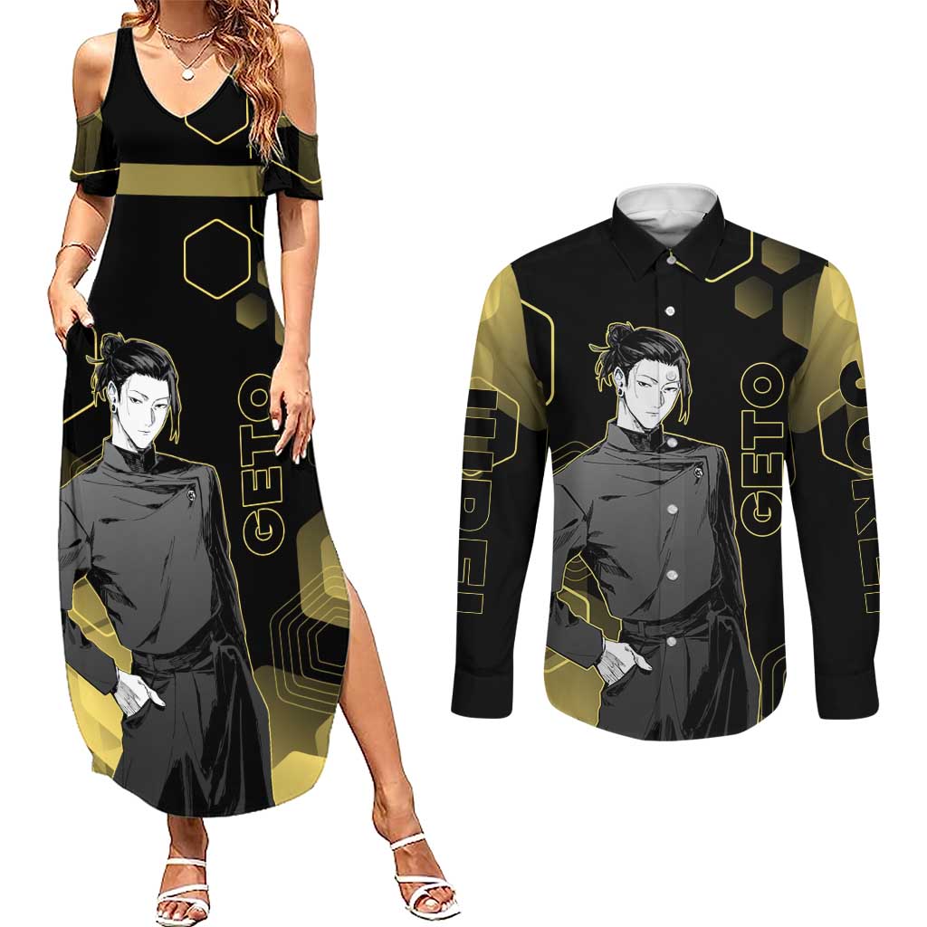 Suguru Geto Jujutsu Kaisen Gold Hexagon Design Couples Matching Summer Maxi Dress and Long Sleeve Button Shirt with Multiple Expressions and Manga Style Art - The Mazicc