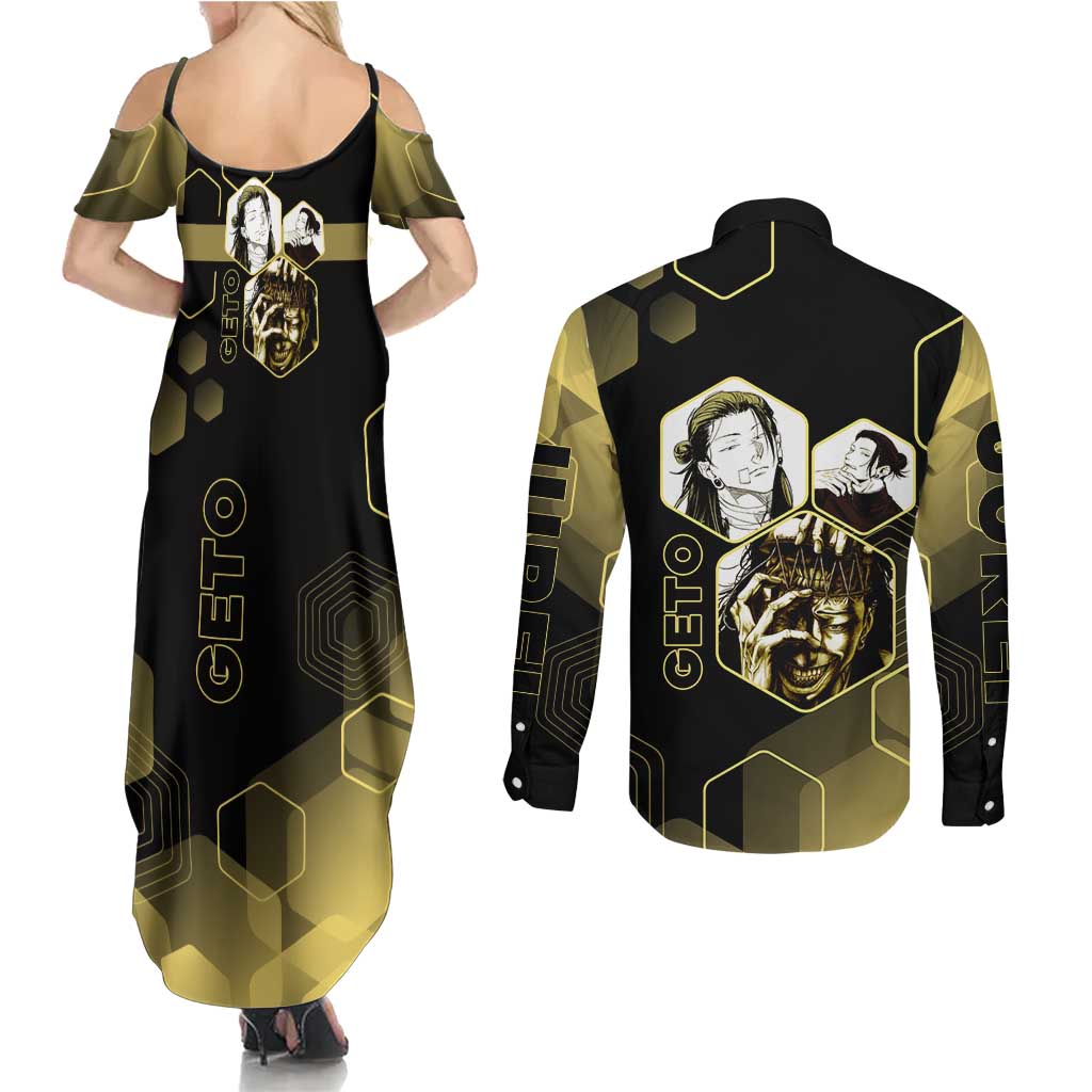Suguru Geto Jujutsu Kaisen Gold Hexagon Design Couples Matching Summer Maxi Dress and Long Sleeve Button Shirt with Multiple Expressions and Manga Style Art - The Mazicc