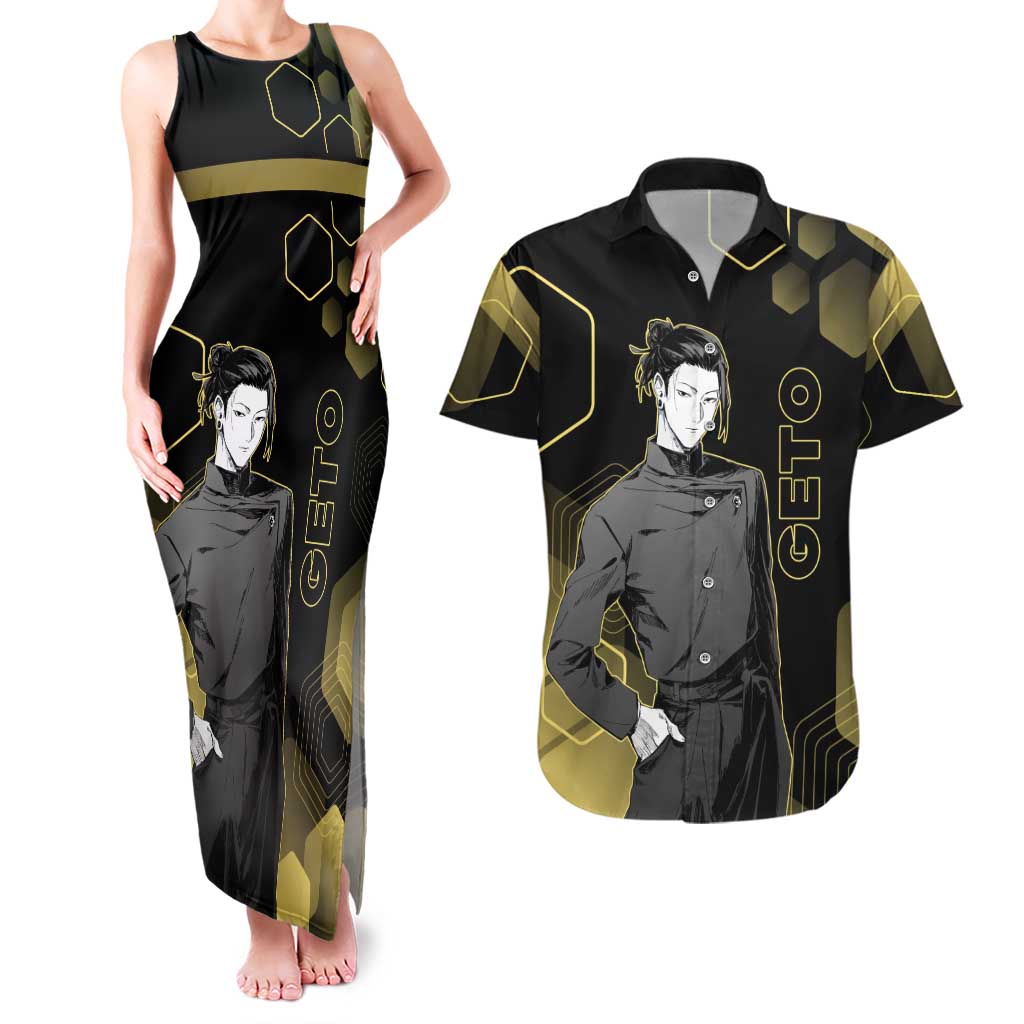 Suguru Geto Jujutsu Kaisen Gold Hexagon Design Couples Matching Tank Maxi Dress and Hawaiian Shirt with Multiple Expressions and Manga Style Art - The Mazicc