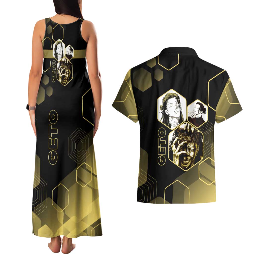 Suguru Geto Jujutsu Kaisen Gold Hexagon Design Couples Matching Tank Maxi Dress and Hawaiian Shirt with Multiple Expressions and Manga Style Art - The Mazicc
