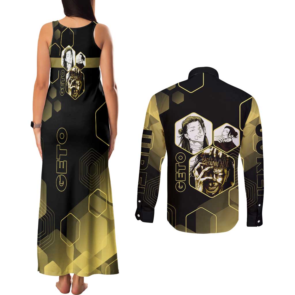 Suguru Geto Jujutsu Kaisen Gold Hexagon Design Couples Matching Tank Maxi Dress and Long Sleeve Button Shirt with Multiple Expressions and Manga Style Art - The Mazicc