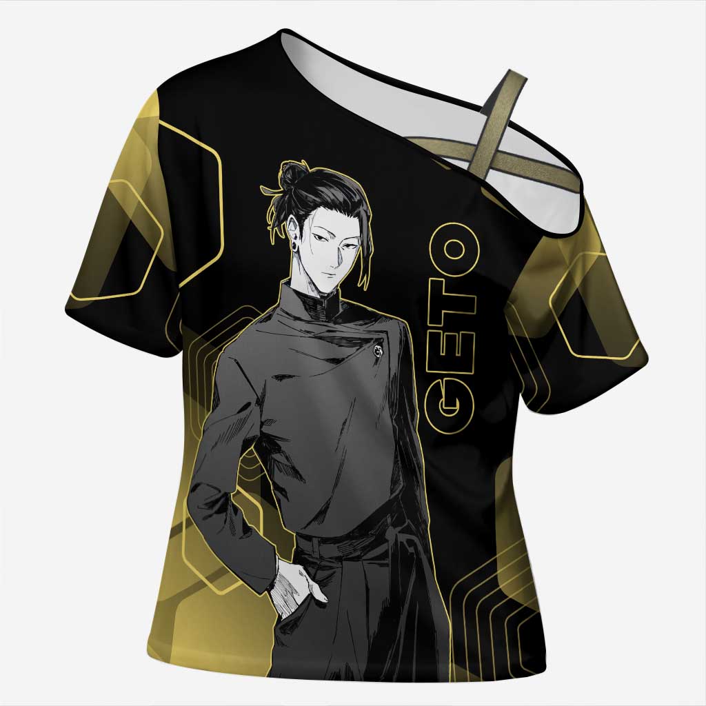Suguru Geto Jujutsu Kaisen Gold Hexagon Design Cross Shoulder Shirt with Multiple Expressions and Manga Style Art - The Mazicc