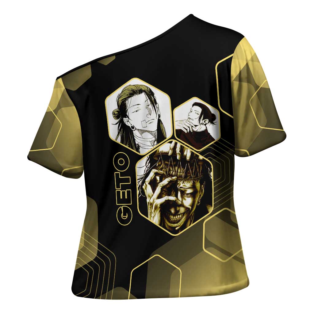 Suguru Geto Jujutsu Kaisen Gold Hexagon Design Cross Shoulder Shirt with Multiple Expressions and Manga Style Art - The Mazicc