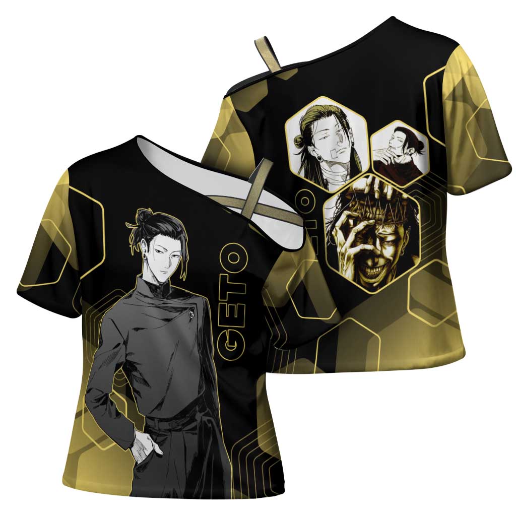 Suguru Geto Jujutsu Kaisen Gold Hexagon Design Cross Shoulder Shirt with Multiple Expressions and Manga Style Art - The Mazicc