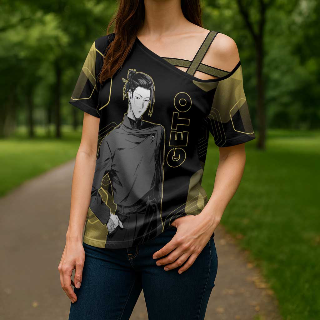 Suguru Geto Jujutsu Kaisen Gold Hexagon Design Cross Shoulder Shirt with Multiple Expressions and Manga Style Art - The Mazicc