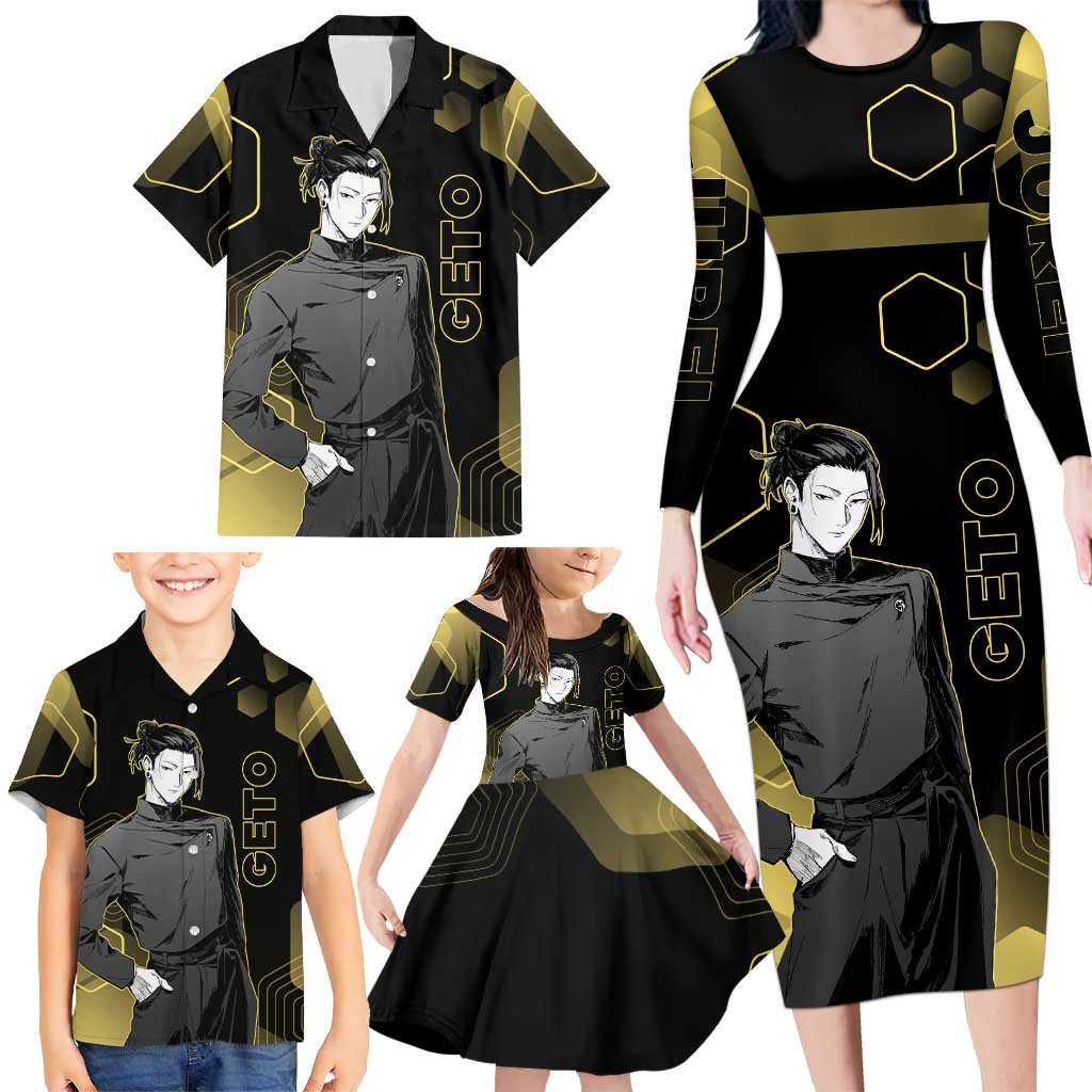 Suguru Geto Jujutsu Kaisen Gold Hexagon Design Family Matching Long Sleeve Bodycon Dress and Hawaiian Shirt with Multiple Expressions and Manga Style Art