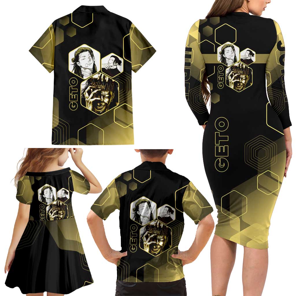 Suguru Geto Jujutsu Kaisen Gold Hexagon Design Family Matching Long Sleeve Bodycon Dress and Hawaiian Shirt with Multiple Expressions and Manga Style Art