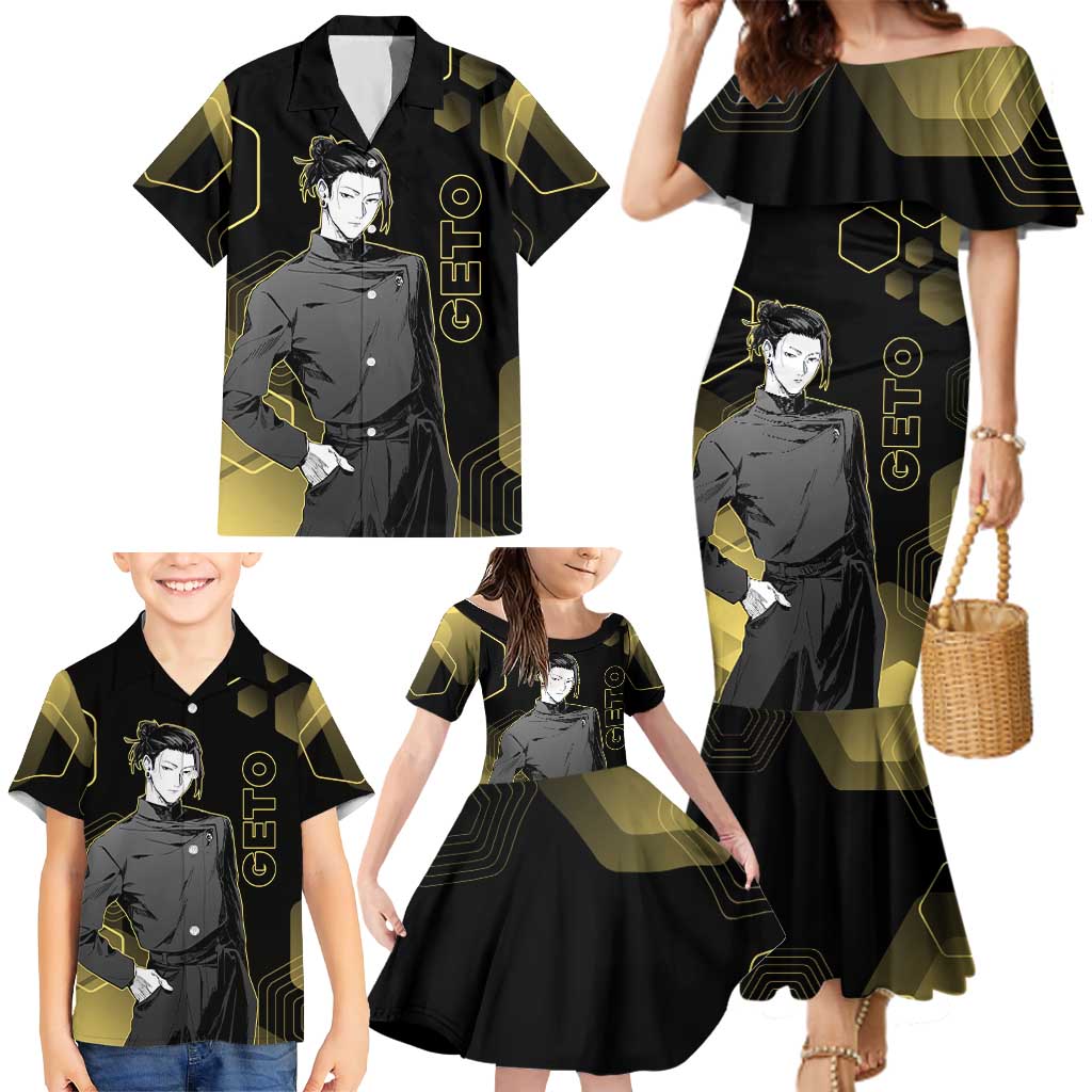 Suguru Geto Jujutsu Kaisen Gold Hexagon Design Family Matching Mermaid Dress and Hawaiian Shirt with Multiple Expressions and Manga Style Art