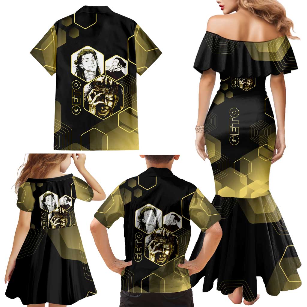 Suguru Geto Jujutsu Kaisen Gold Hexagon Design Family Matching Mermaid Dress and Hawaiian Shirt with Multiple Expressions and Manga Style Art