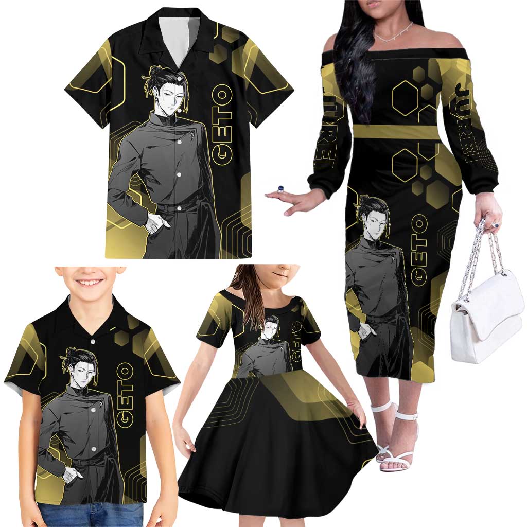 Suguru Geto Jujutsu Kaisen Gold Hexagon Design Family Matching Off The Shoulder Long Sleeve Dress and Hawaiian Shirt with Multiple Expressions and Manga Style Art