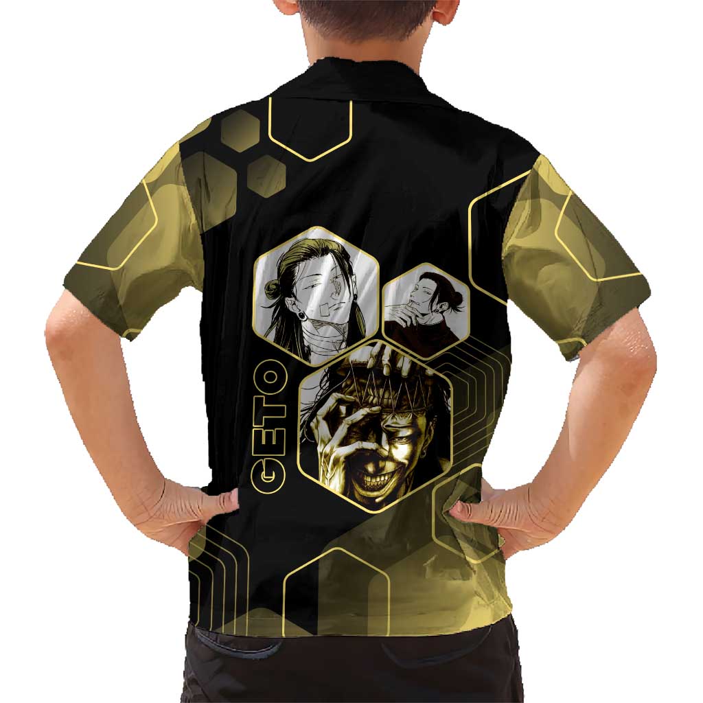 Suguru Geto Jujutsu Kaisen Gold Hexagon Design Family Matching Off The Shoulder Long Sleeve Dress and Hawaiian Shirt with Multiple Expressions and Manga Style Art