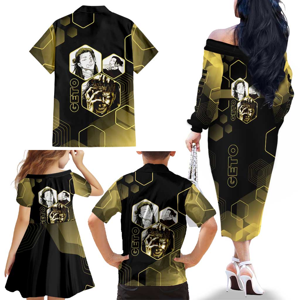 Suguru Geto Jujutsu Kaisen Gold Hexagon Design Family Matching Off The Shoulder Long Sleeve Dress and Hawaiian Shirt with Multiple Expressions and Manga Style Art