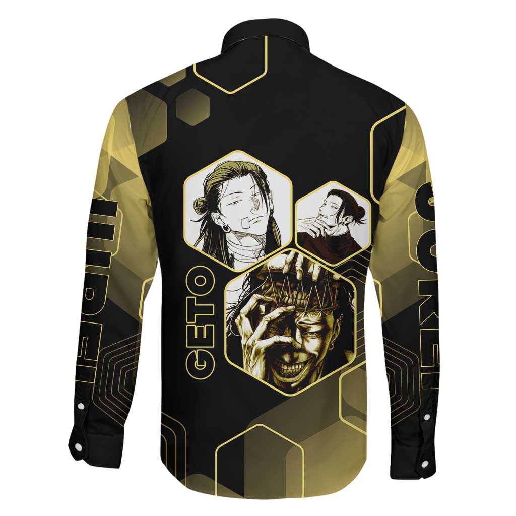 Suguru Geto Jujutsu Kaisen Gold Hexagon Design Family Matching Off The Shoulder Long Sleeve Dress and Hawaiian Shirt with Multiple Expressions and Manga Style Art
