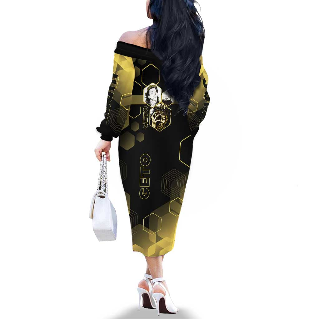 Suguru Geto Jujutsu Kaisen Gold Hexagon Design Family Matching Off The Shoulder Long Sleeve Dress and Hawaiian Shirt with Multiple Expressions and Manga Style Art