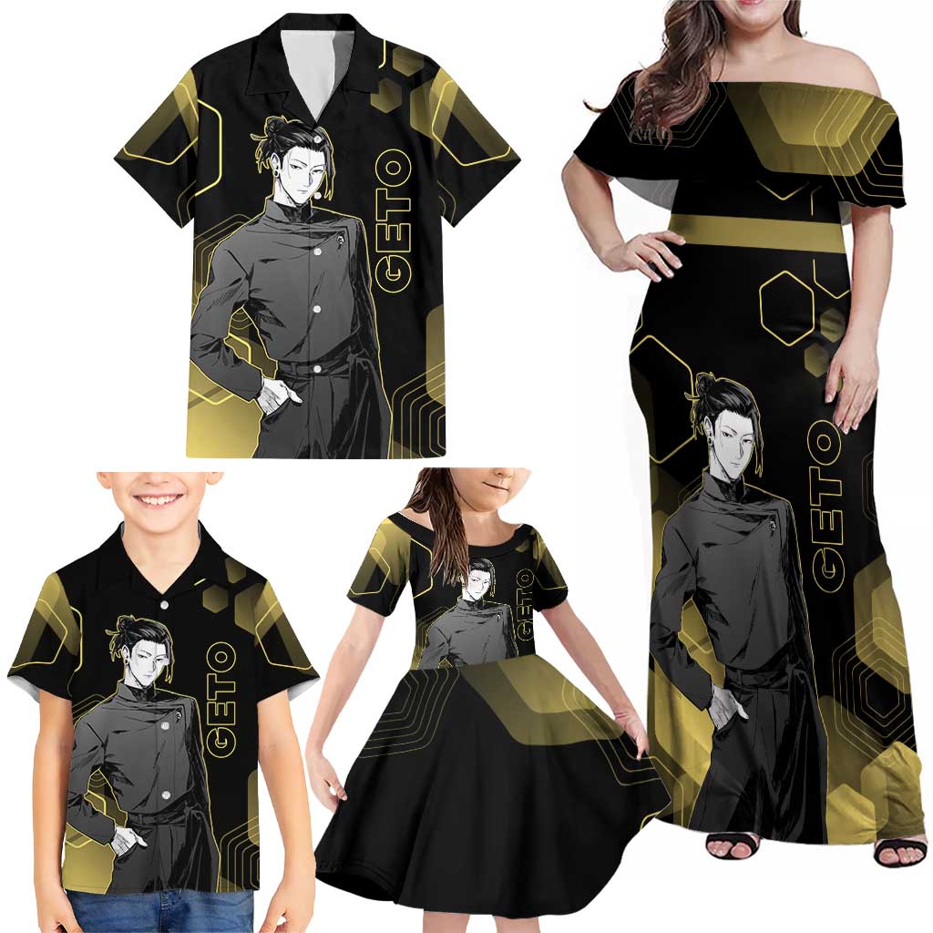 Suguru Geto Jujutsu Kaisen Gold Hexagon Design Family Matching Off Shoulder Maxi Dress and Hawaiian Shirt with Multiple Expressions and Manga Style Art