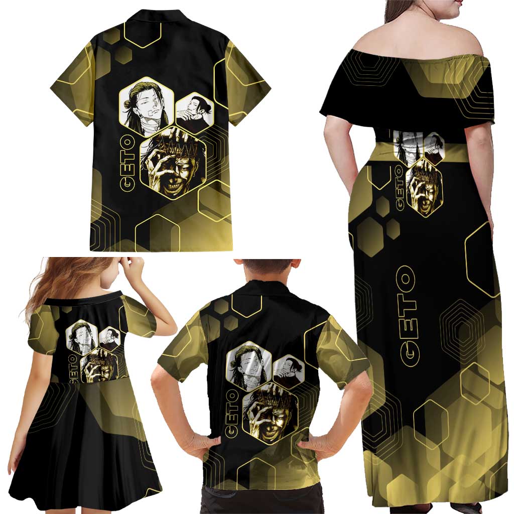 Suguru Geto Jujutsu Kaisen Gold Hexagon Design Family Matching Off Shoulder Maxi Dress and Hawaiian Shirt with Multiple Expressions and Manga Style Art