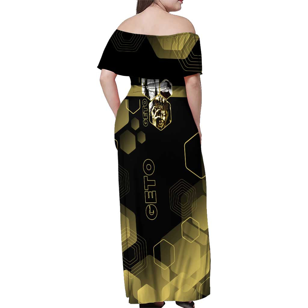 Suguru Geto Jujutsu Kaisen Gold Hexagon Design Family Matching Off Shoulder Maxi Dress and Hawaiian Shirt with Multiple Expressions and Manga Style Art