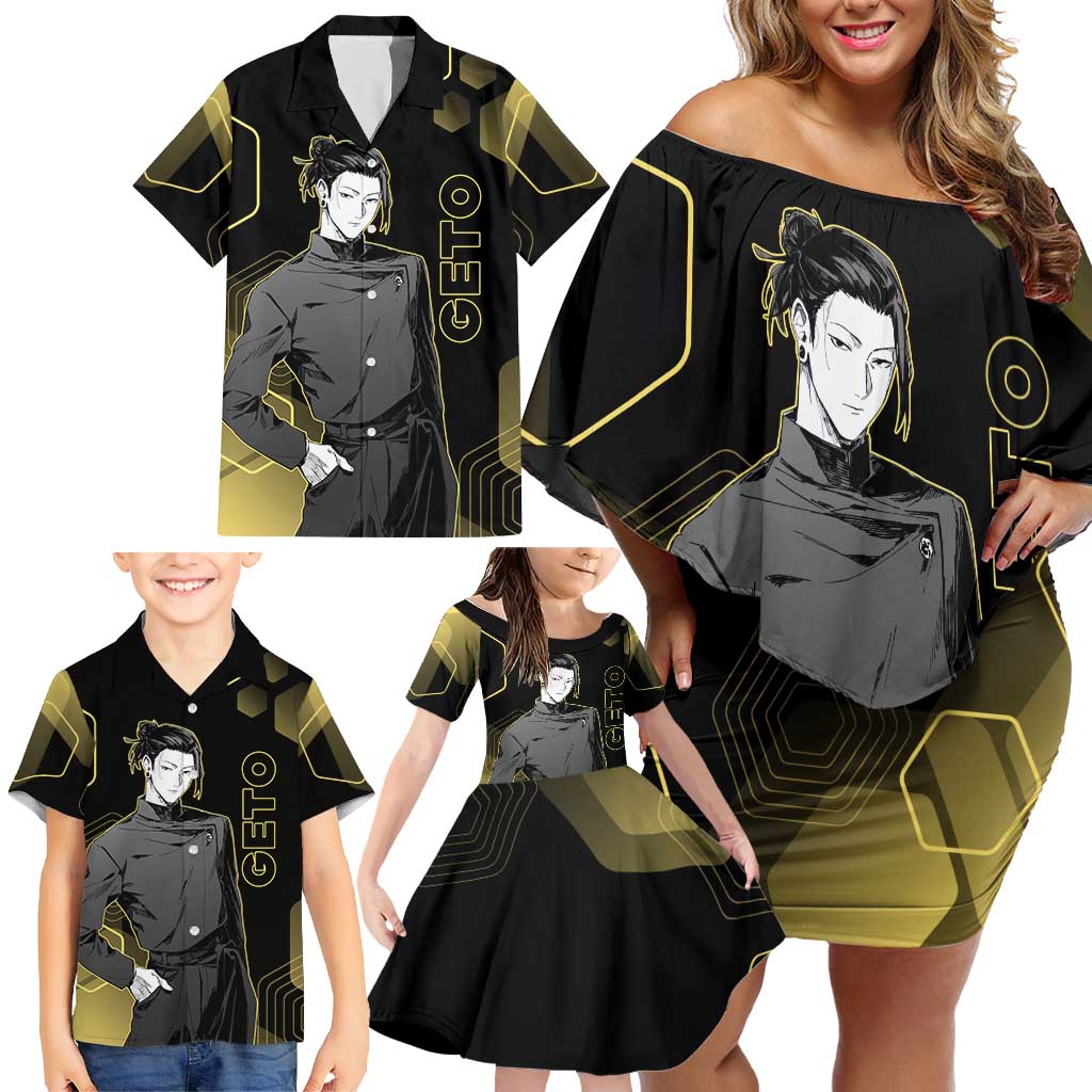 Suguru Geto Jujutsu Kaisen Gold Hexagon Design Family Matching Off Shoulder Short Dress and Hawaiian Shirt with Multiple Expressions and Manga Style Art