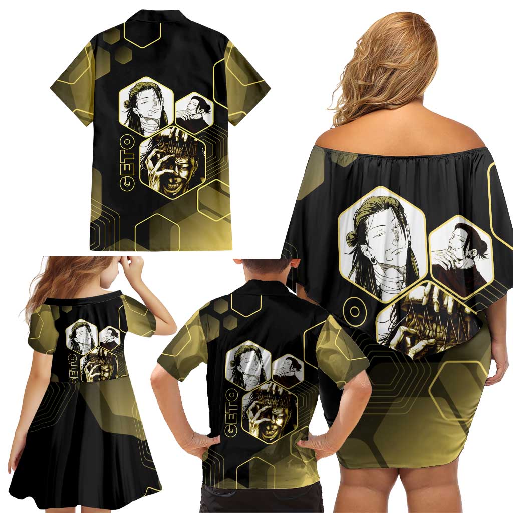 Suguru Geto Jujutsu Kaisen Gold Hexagon Design Family Matching Off Shoulder Short Dress and Hawaiian Shirt with Multiple Expressions and Manga Style Art
