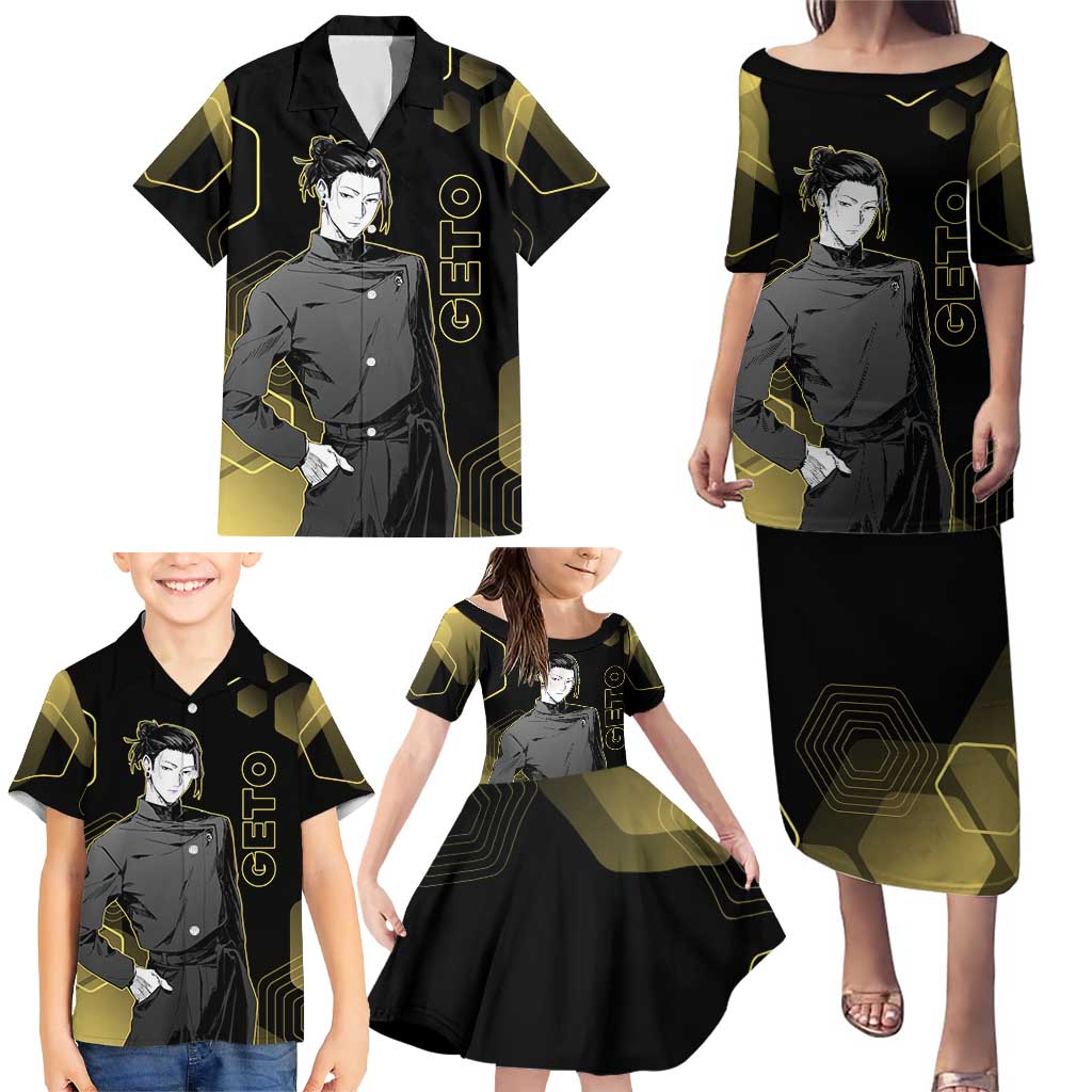 Suguru Geto Jujutsu Kaisen Gold Hexagon Design Family Matching Puletasi and Hawaiian Shirt with Multiple Expressions and Manga Style Art