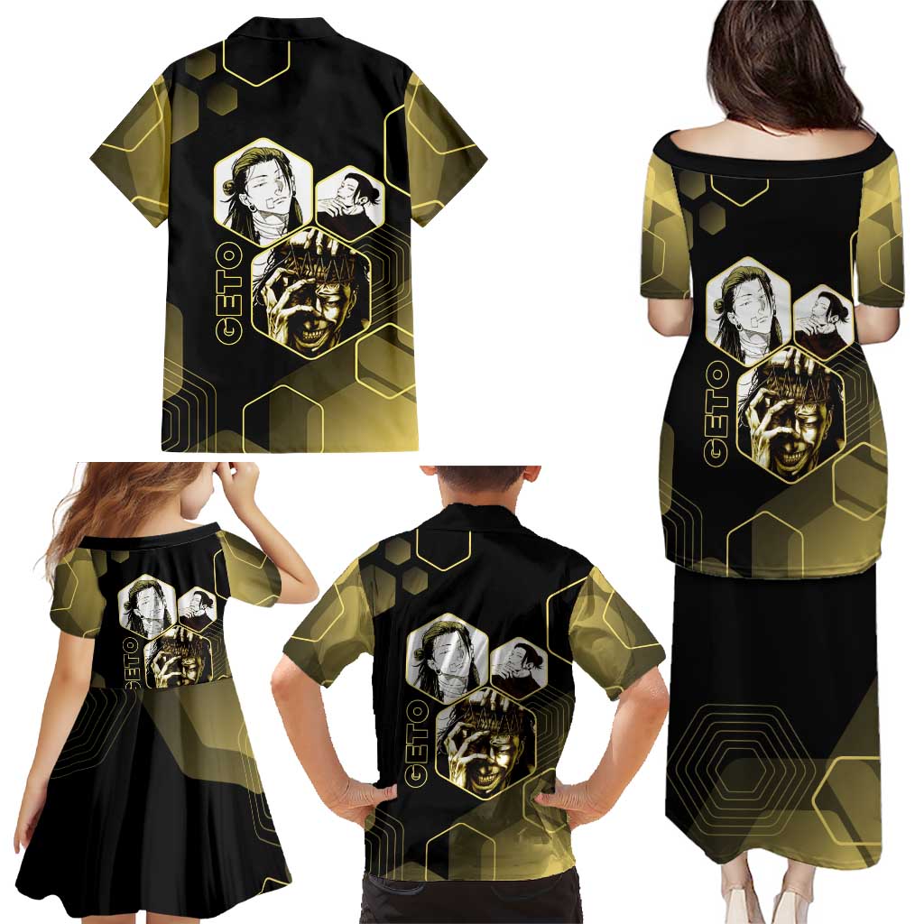 Suguru Geto Jujutsu Kaisen Gold Hexagon Design Family Matching Puletasi and Hawaiian Shirt with Multiple Expressions and Manga Style Art