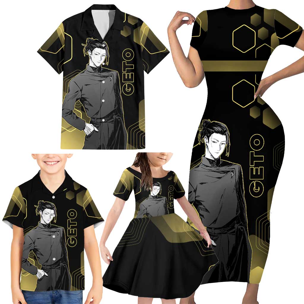 Suguru Geto Jujutsu Kaisen Gold Hexagon Design Family Matching Short Sleeve Bodycon Dress and Hawaiian Shirt with Multiple Expressions and Manga Style Art