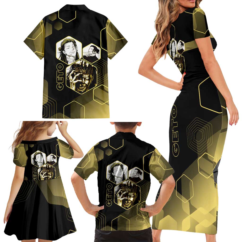 Suguru Geto Jujutsu Kaisen Gold Hexagon Design Family Matching Short Sleeve Bodycon Dress and Hawaiian Shirt with Multiple Expressions and Manga Style Art