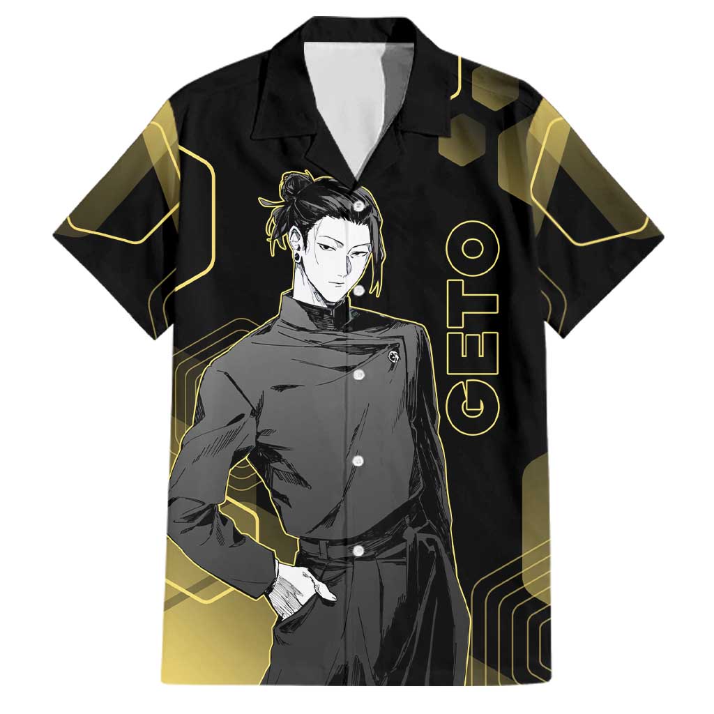 Suguru Geto Jujutsu Kaisen Gold Hexagon Design Family Matching Short Sleeve Bodycon Dress and Hawaiian Shirt with Multiple Expressions and Manga Style Art