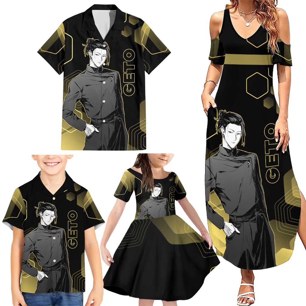 Suguru Geto Jujutsu Kaisen Gold Hexagon Design Family Matching Summer Maxi Dress and Hawaiian Shirt with Multiple Expressions and Manga Style Art