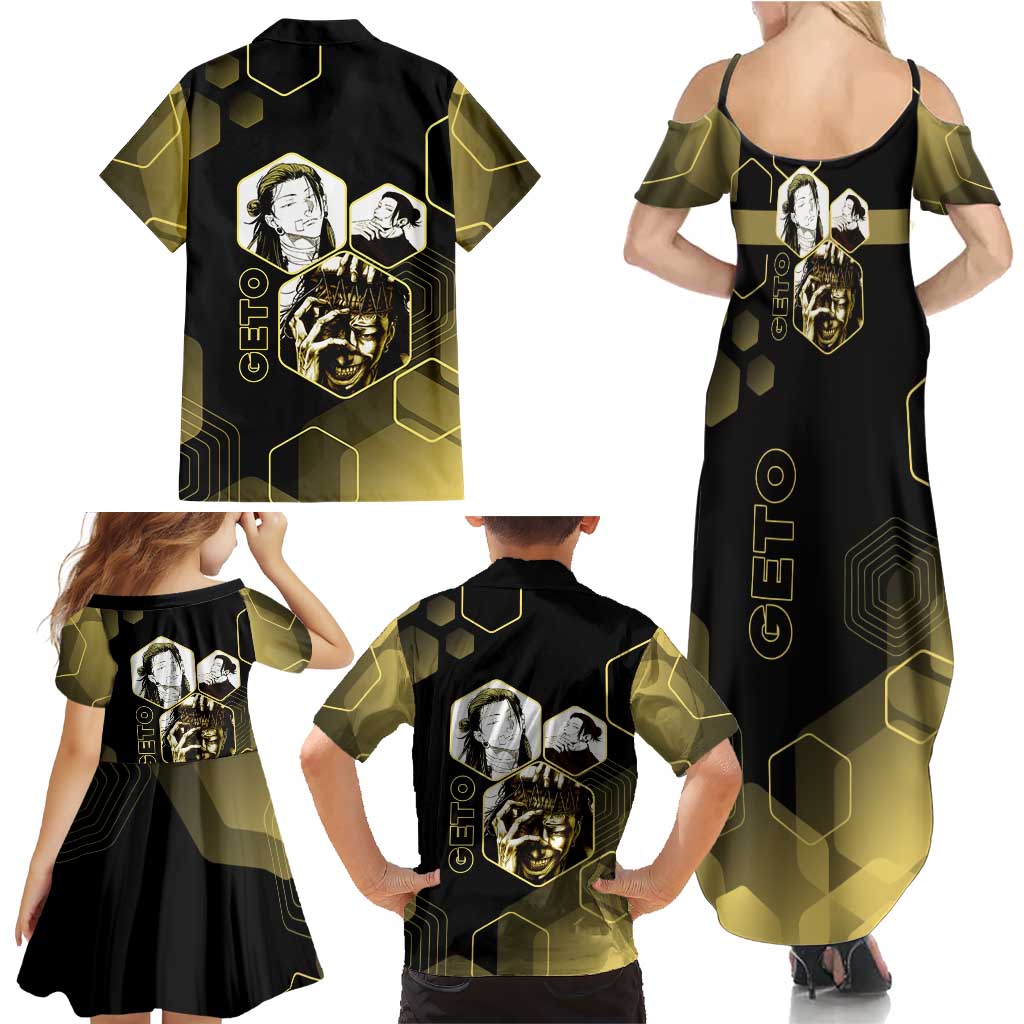 Suguru Geto Jujutsu Kaisen Gold Hexagon Design Family Matching Summer Maxi Dress and Hawaiian Shirt with Multiple Expressions and Manga Style Art