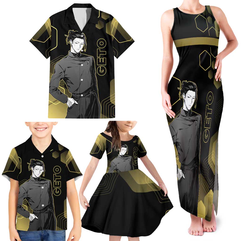 Suguru Geto Jujutsu Kaisen Gold Hexagon Design Family Matching Tank Maxi Dress and Hawaiian Shirt with Multiple Expressions and Manga Style Art