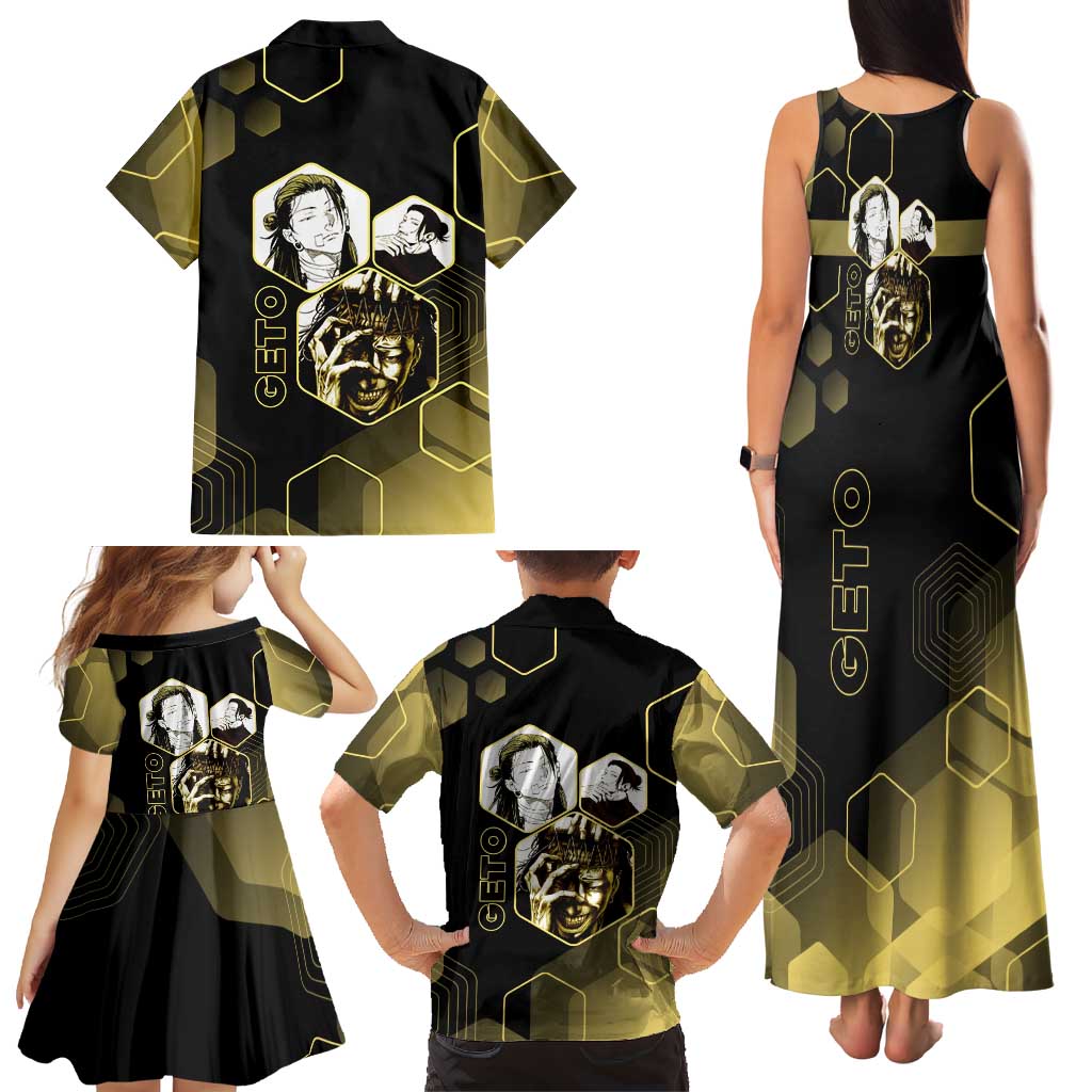 Suguru Geto Jujutsu Kaisen Gold Hexagon Design Family Matching Tank Maxi Dress and Hawaiian Shirt with Multiple Expressions and Manga Style Art