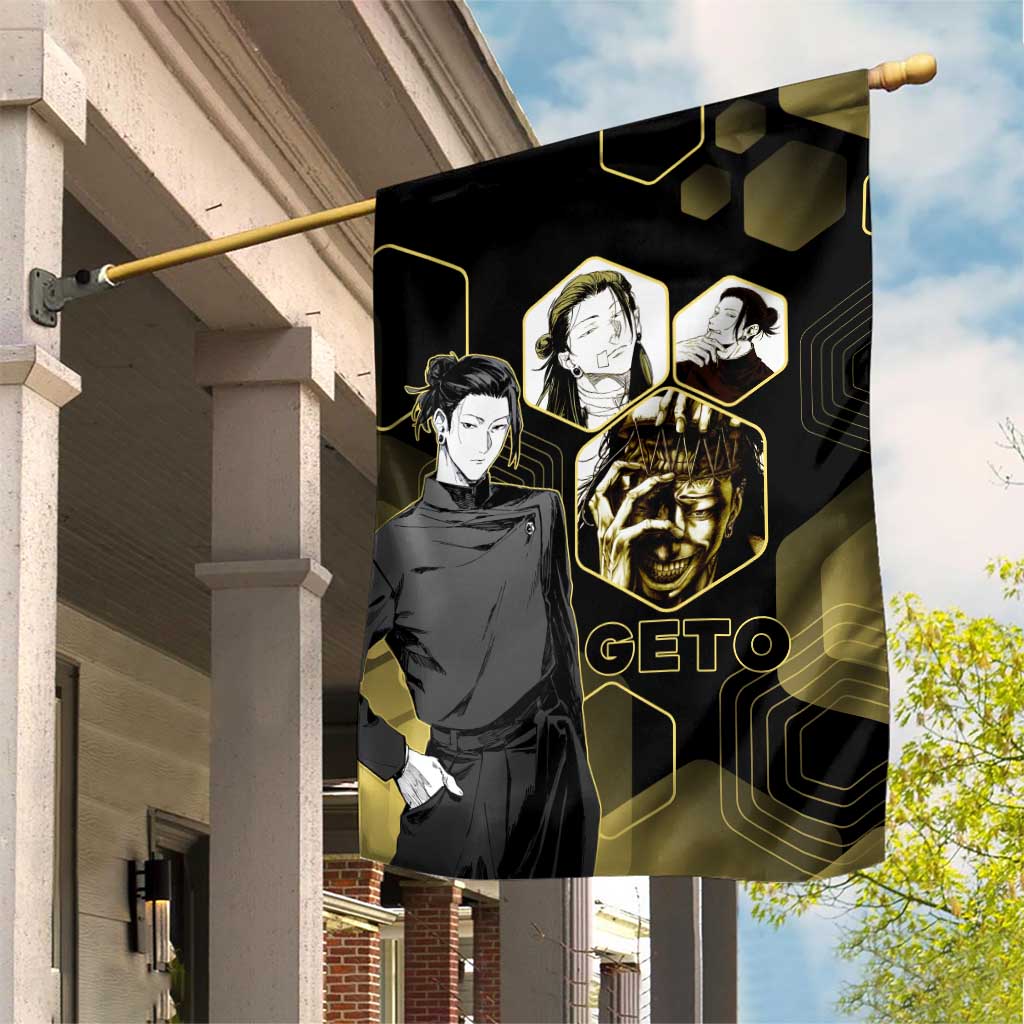 Suguru Geto Jujutsu Kaisen Gold Hexagon Design Garden Flag with Multiple Expressions and Manga Style Art - The Mazicc