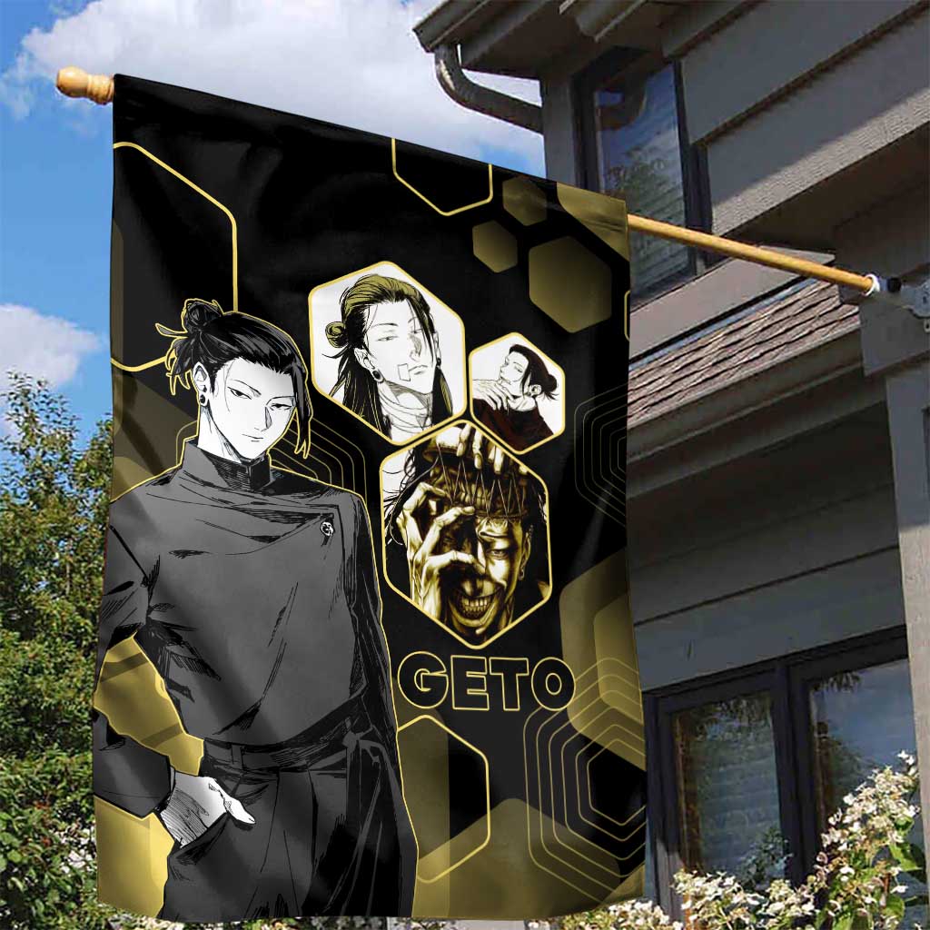 Suguru Geto Jujutsu Kaisen Gold Hexagon Design Garden Flag with Multiple Expressions and Manga Style Art - The Mazicc
