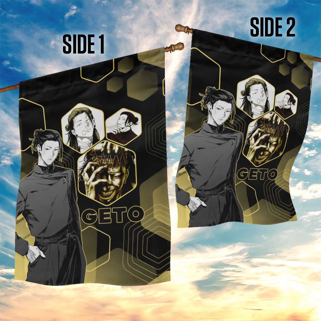 Suguru Geto Jujutsu Kaisen Gold Hexagon Design Garden Flag with Multiple Expressions and Manga Style Art - The Mazicc
