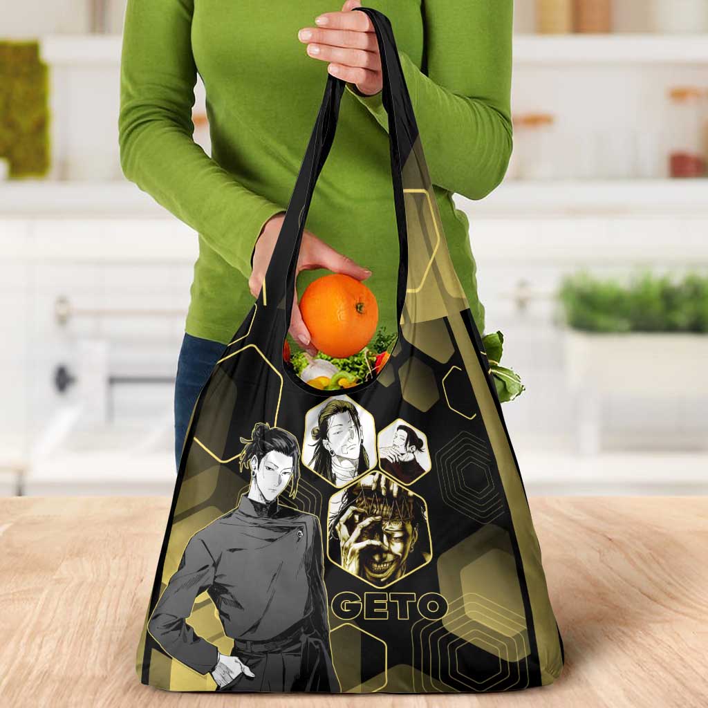 Suguru Geto Jujutsu Kaisen Gold Hexagon Design Grocery Bag with Multiple Expressions and Manga Style Art - The Mazicc