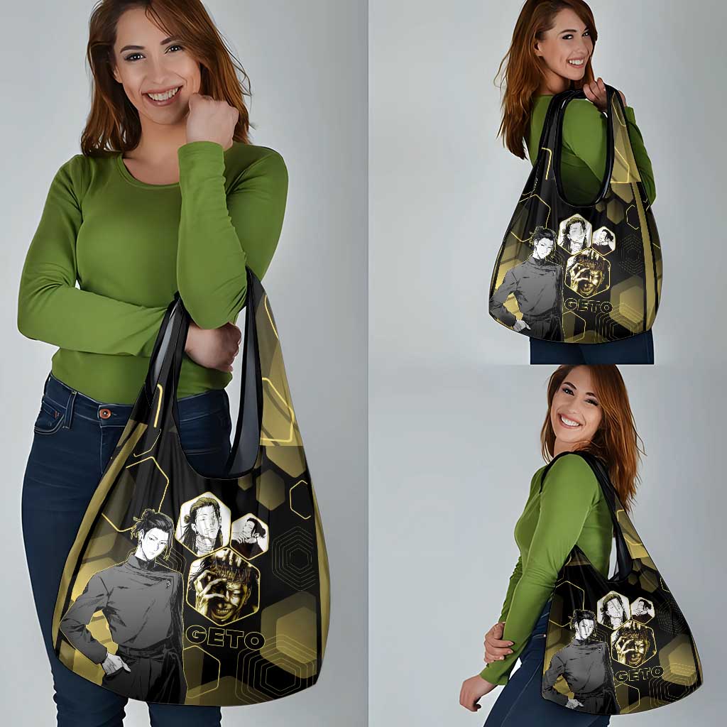 Suguru Geto Jujutsu Kaisen Gold Hexagon Design Grocery Bag with Multiple Expressions and Manga Style Art - The Mazicc