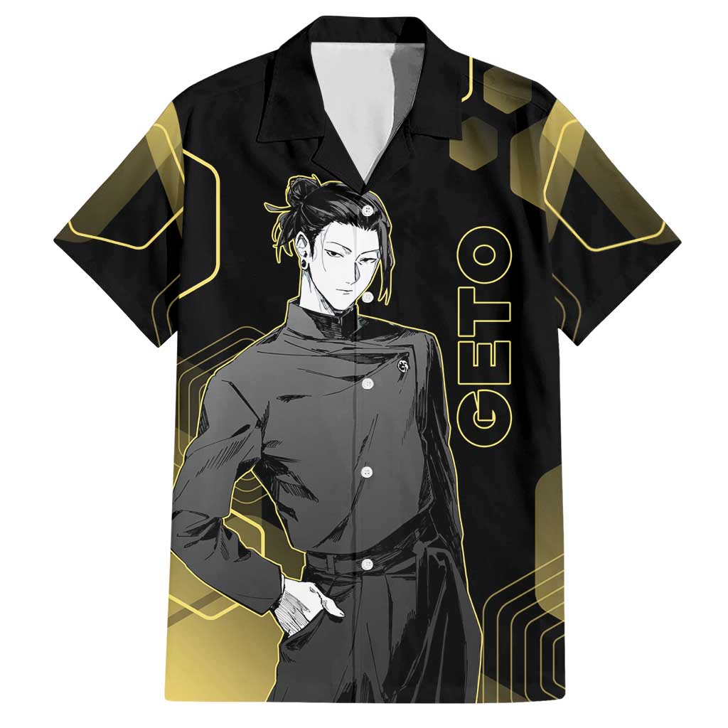 Suguru Geto Jujutsu Kaisen Gold Hexagon Design Hawaiian Shirt with Multiple Expressions and Manga Style Art - The Mazicc