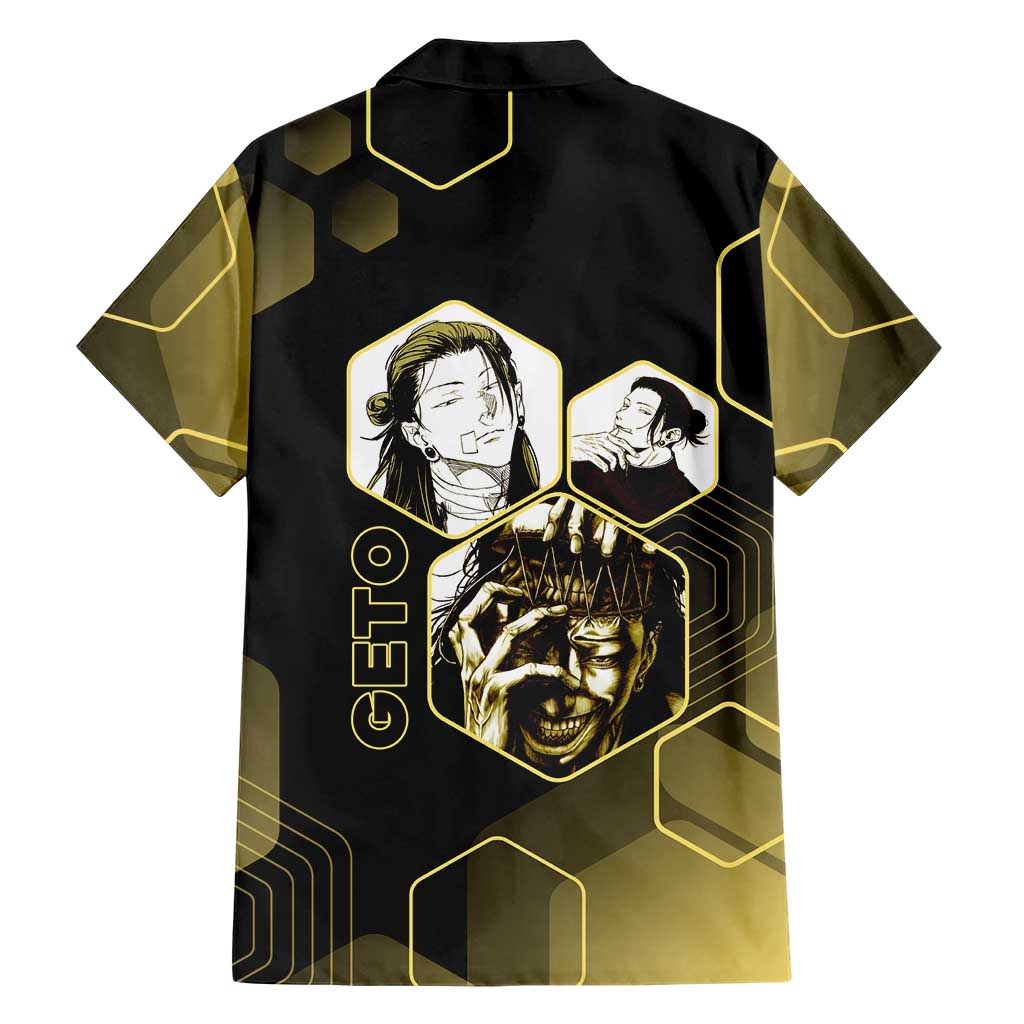 Suguru Geto Jujutsu Kaisen Gold Hexagon Design Hawaiian Shirt with Multiple Expressions and Manga Style Art - The Mazicc