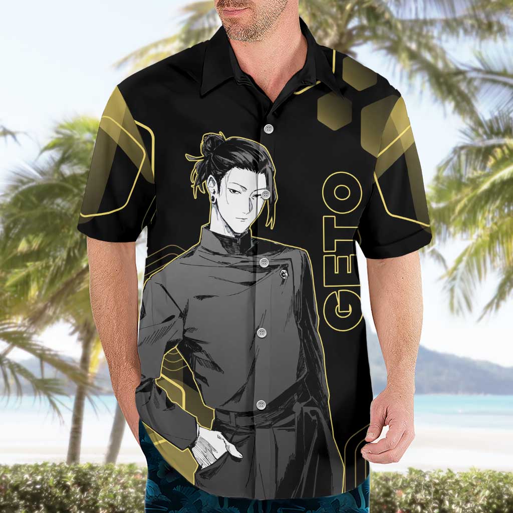 Suguru Geto Jujutsu Kaisen Gold Hexagon Design Hawaiian Shirt with Multiple Expressions and Manga Style Art - The Mazicc