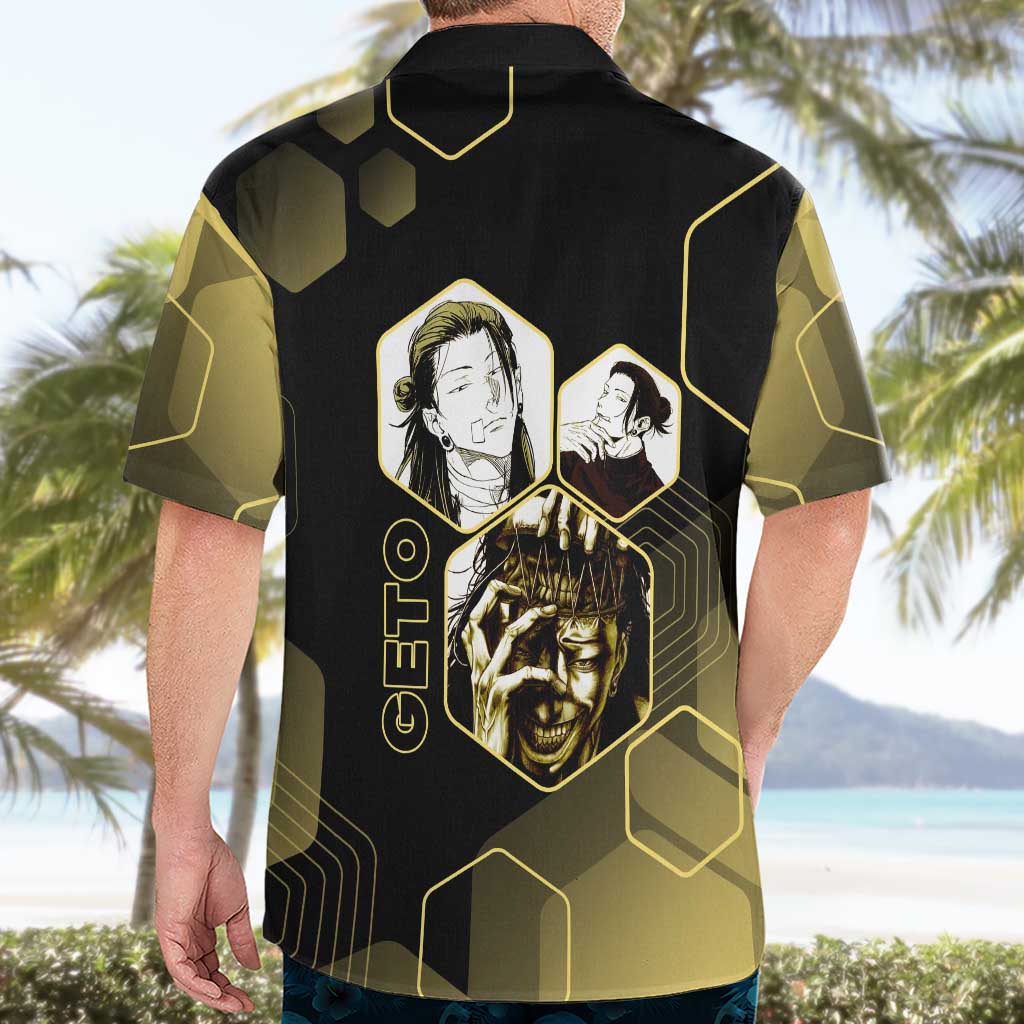 Suguru Geto Jujutsu Kaisen Gold Hexagon Design Hawaiian Shirt with Multiple Expressions and Manga Style Art - The Mazicc