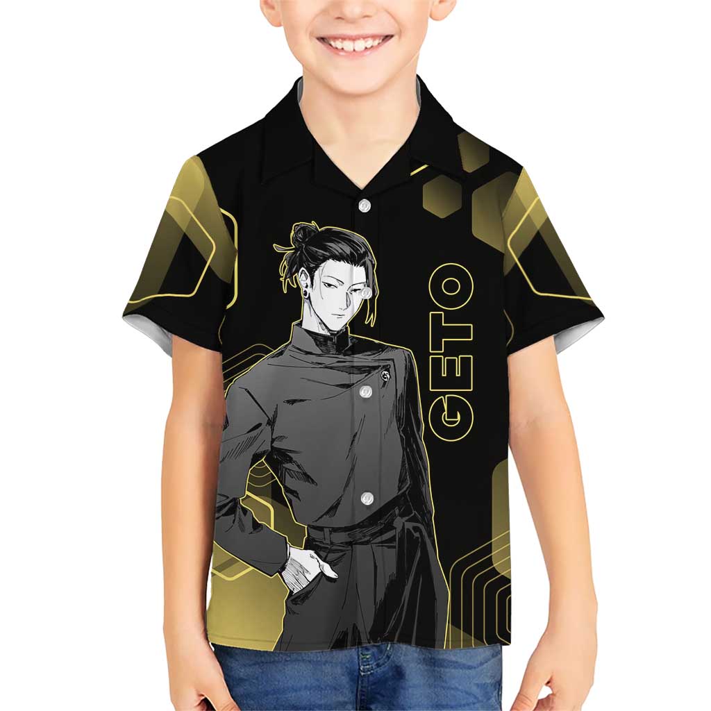 Suguru Geto Jujutsu Kaisen Gold Hexagon Design Hawaiian Shirt with Multiple Expressions and Manga Style Art - The Mazicc