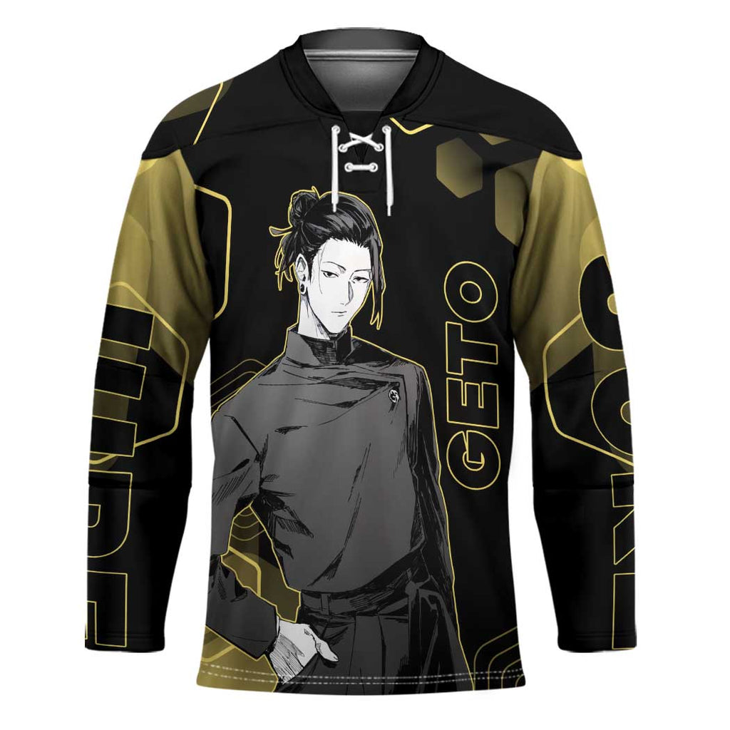 Suguru Geto Jujutsu Kaisen Gold Hexagon Design Hockey Jersey with Multiple Expressions and Manga Style Art - The Mazicc