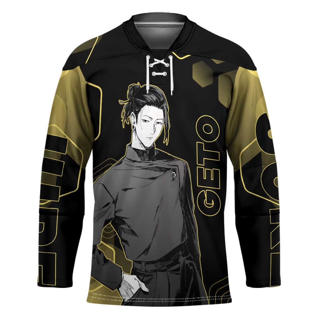 Suguru Geto Jujutsu Kaisen Gold Hexagon Design Hockey Jersey with Multiple Expressions and Manga Style Art - The Mazicc